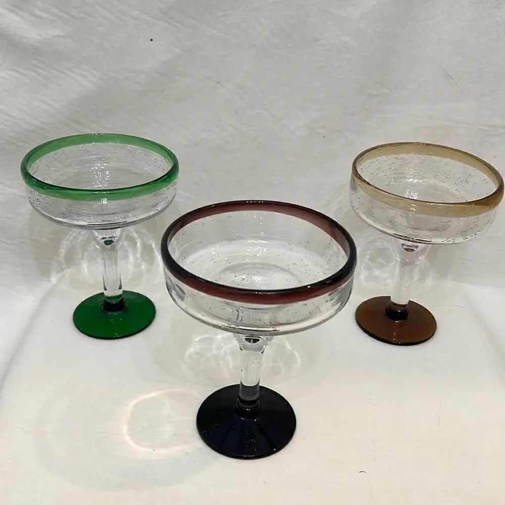 Margarita Glass 12 Ounce Hand Blown Bubble Mexican Heavy Bar Ware Set 3 Green